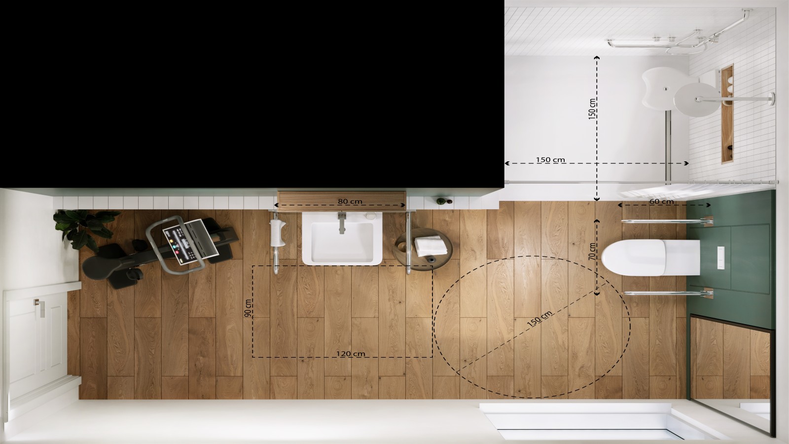 Rzut i przestrzeń manewrowa w łazience dla osób niepełnosprawnych