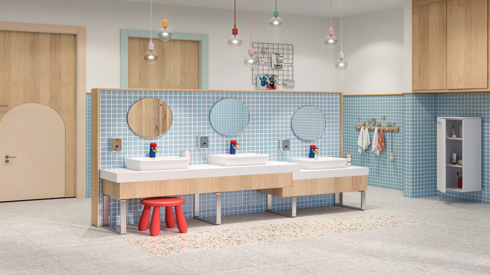 Kolorowa łazienka dla dzieci w przedszkolu Kolorowa łazienka dla dzieci w przedszkolu