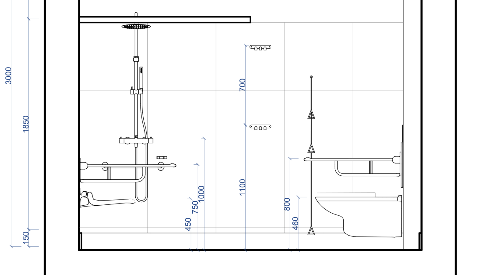 Rzut wnętrza łazienki dla osób z niepełnosprawnością z prysznicem