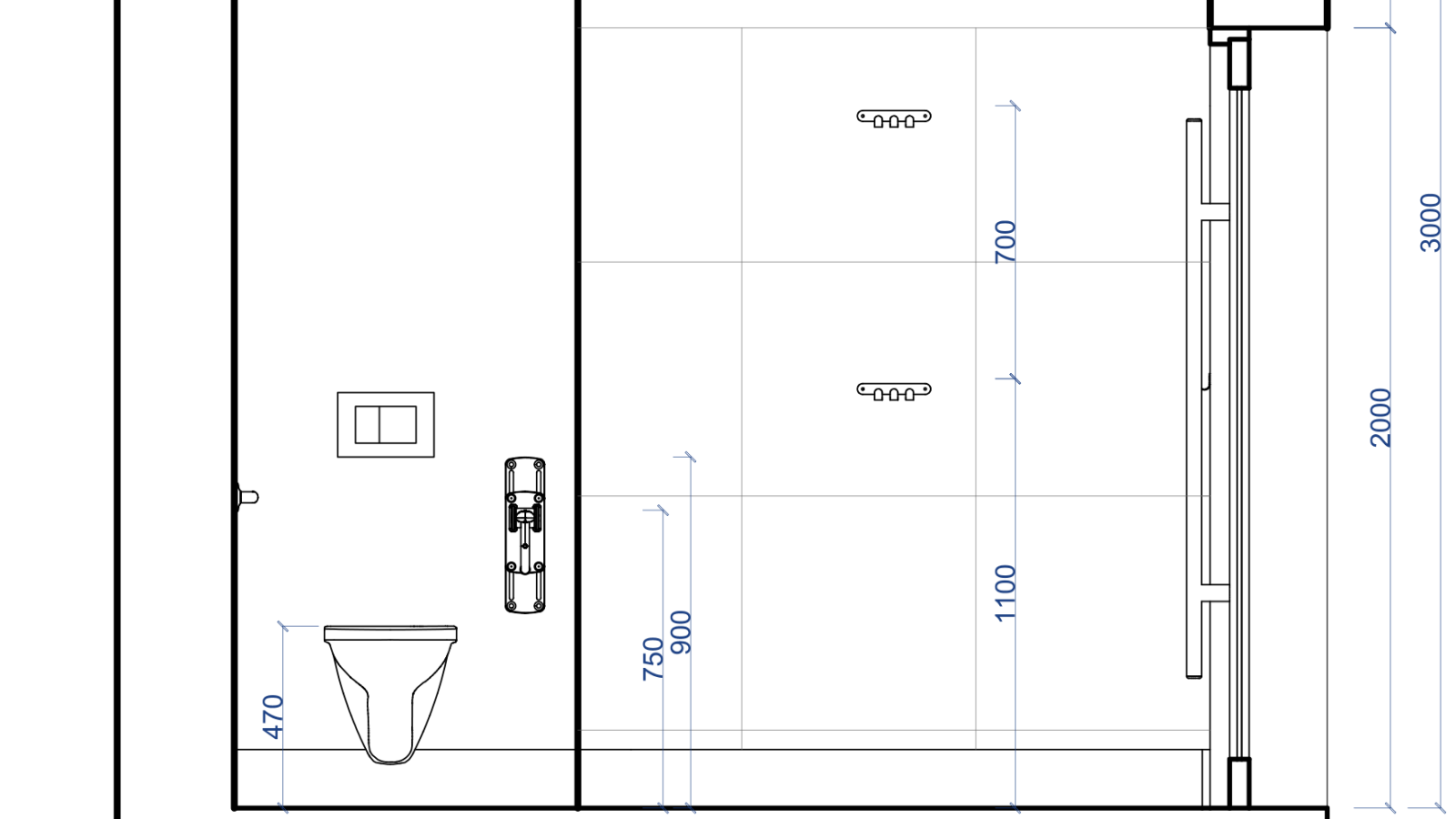 Rzut wnętrza łazienki uniwersalnej z transferem jednostronnym