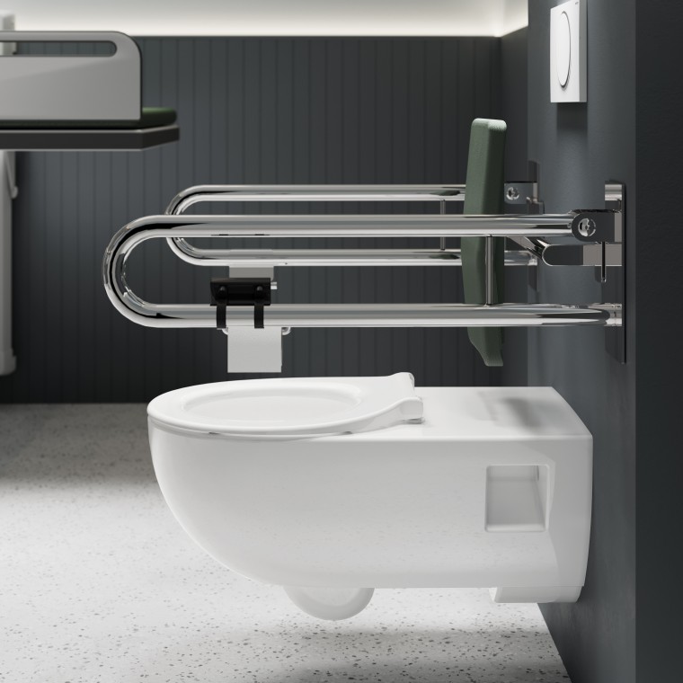 Strefa WC w łazience bez barier - miska WC Selnova Comfort i poręcze Lehnen