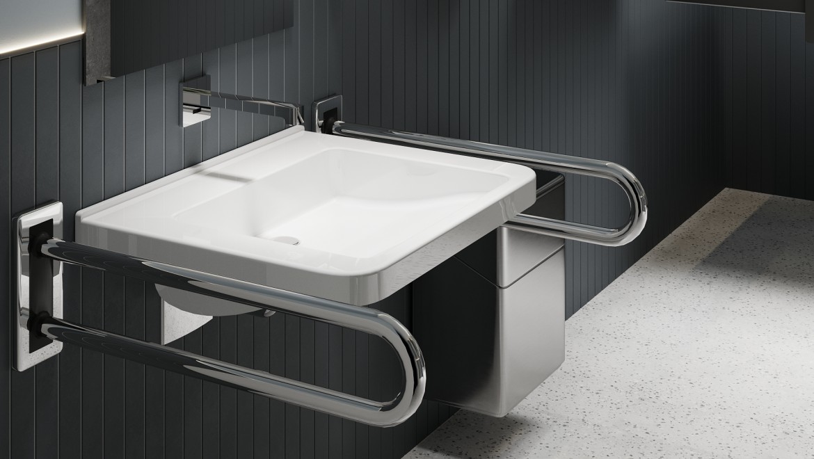 Poręcze i umywalka Geberit Selnova Comfort w łazience bez barier