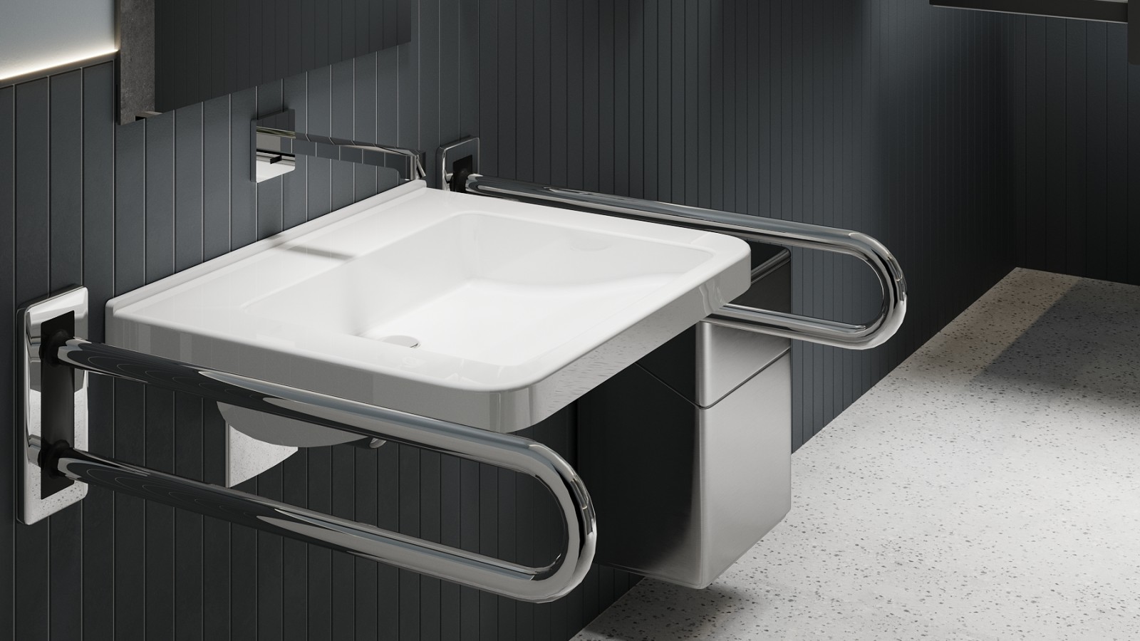 Poręcze i umywalka Geberit Selnova Comfort w łazience bez barier Poręcze i umywalka Geberit Selnova Comfort w łazience bez barier