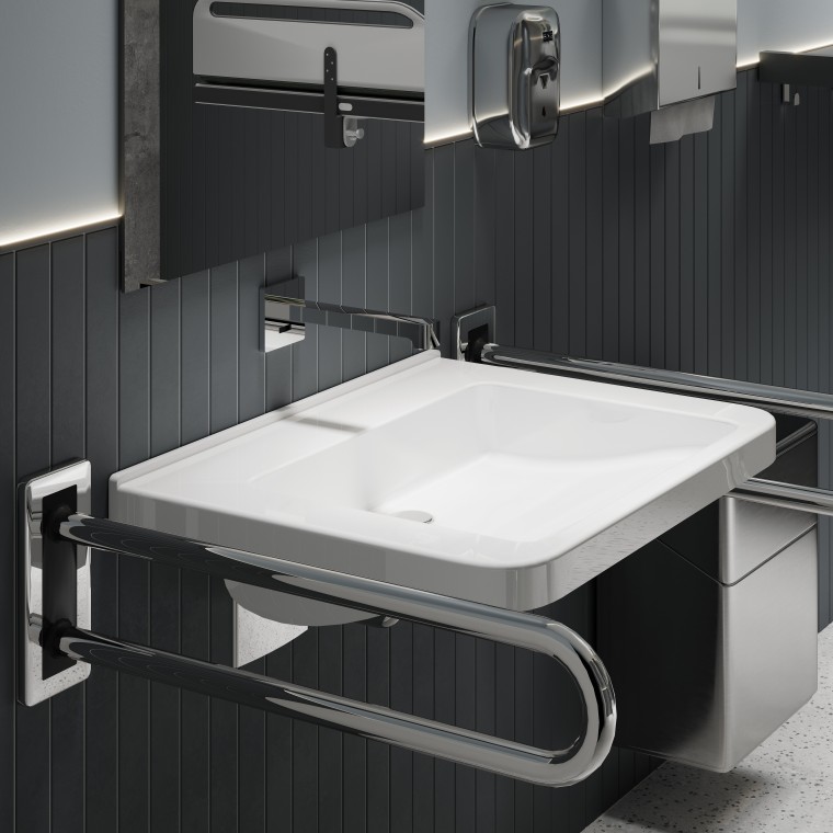 Strefa umywalki w łazience bez barier z umywalką Selnova Comfort i baterią Geberit Brenta Strefa umywalki w łazience bez barier z umywalką Selnova Comfort i baterią Geberit Brenta