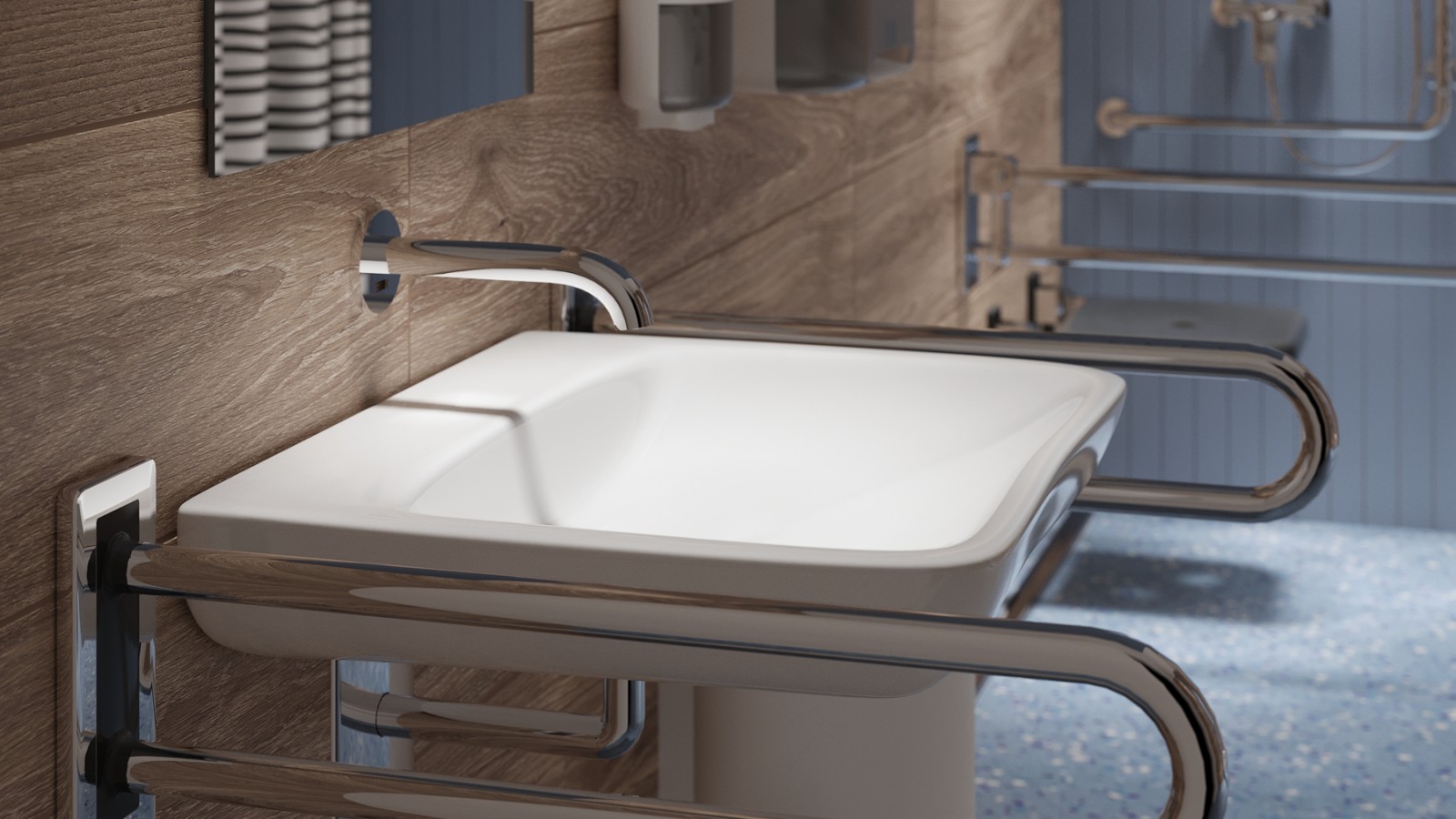 Strefa umywalki z umywalką Geberit Selnova Comfort i poręczami Lehnen w łazience bez barier