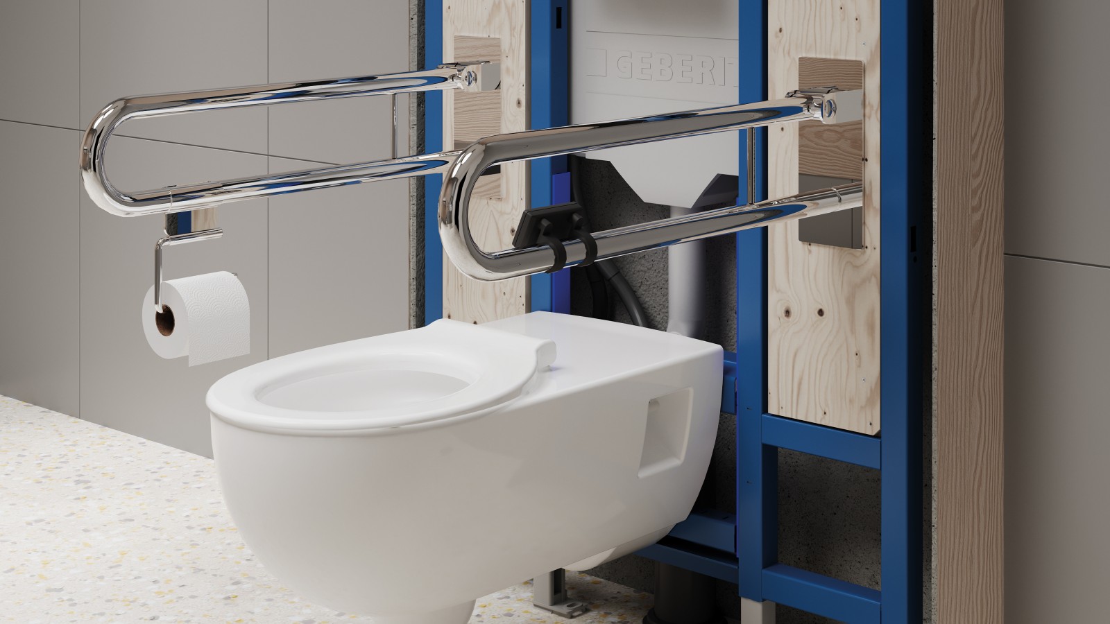 Strefa WC w łazience bez barier z przekrojem na stelaż podtynkowy Strefa WC w łazience bez barier z przekrojem na stelaż podtynkowy