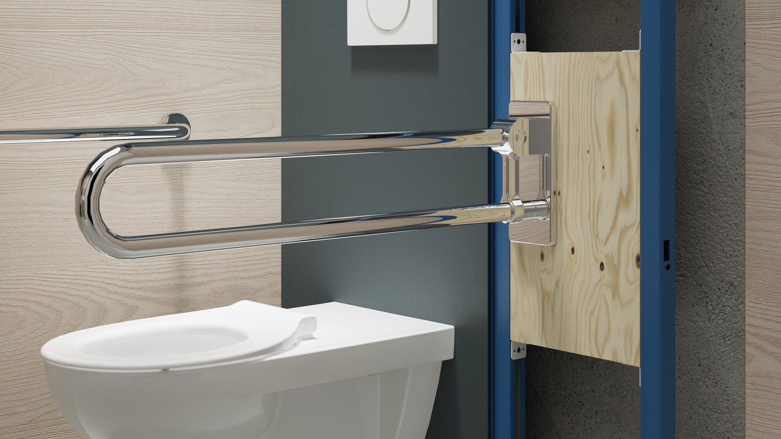 Przekrój stelaża dla wspornika poręczy w łazience dla osób z niepełnosprawnościami