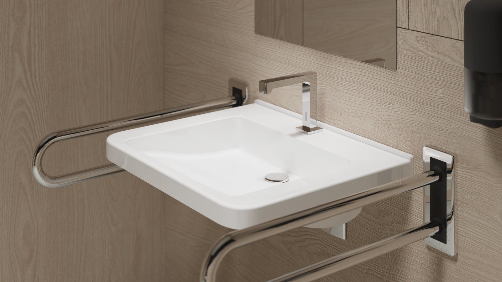 Strefa umywalki w łazience bez barier z umywalką Selnova Comfort i baterią bezdotykową Geberit Brenta Strefa umywalki w łazience bez barier z umywalką Selnova Comfort i baterią bezdotykową Geberit Brenta