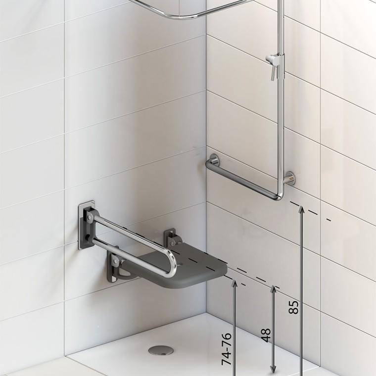 Wymiary poręczy i siedziska w łazience bez barier z prysznicem Wymiary poręczy i siedziska w łazience bez barier z prysznicem