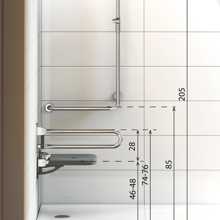 Wymiary z wytycznymi wysokości do strefy prysznica w łazience bez barier