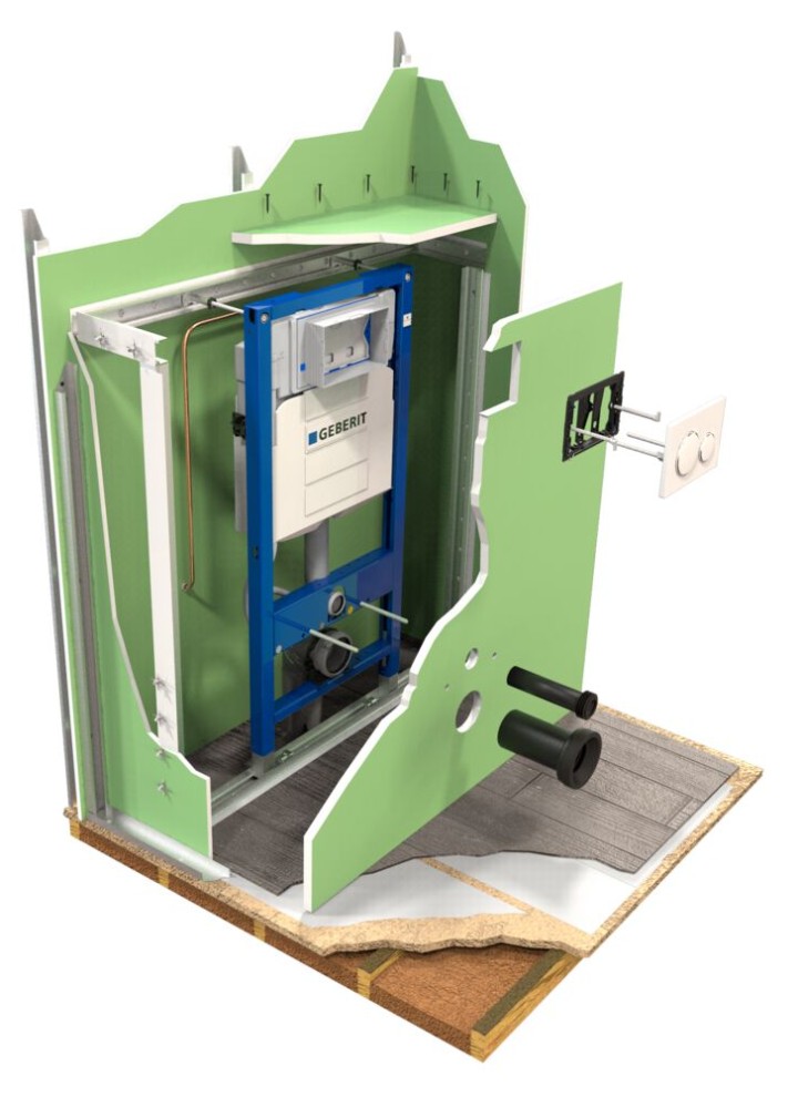 Stelaż podtynkowy Geberit Duofix z widoczną instalacją i elementami zabudowy Stelaż podtynkowy Geberit Duofix z widoczną instalacją i elementami zabudowy