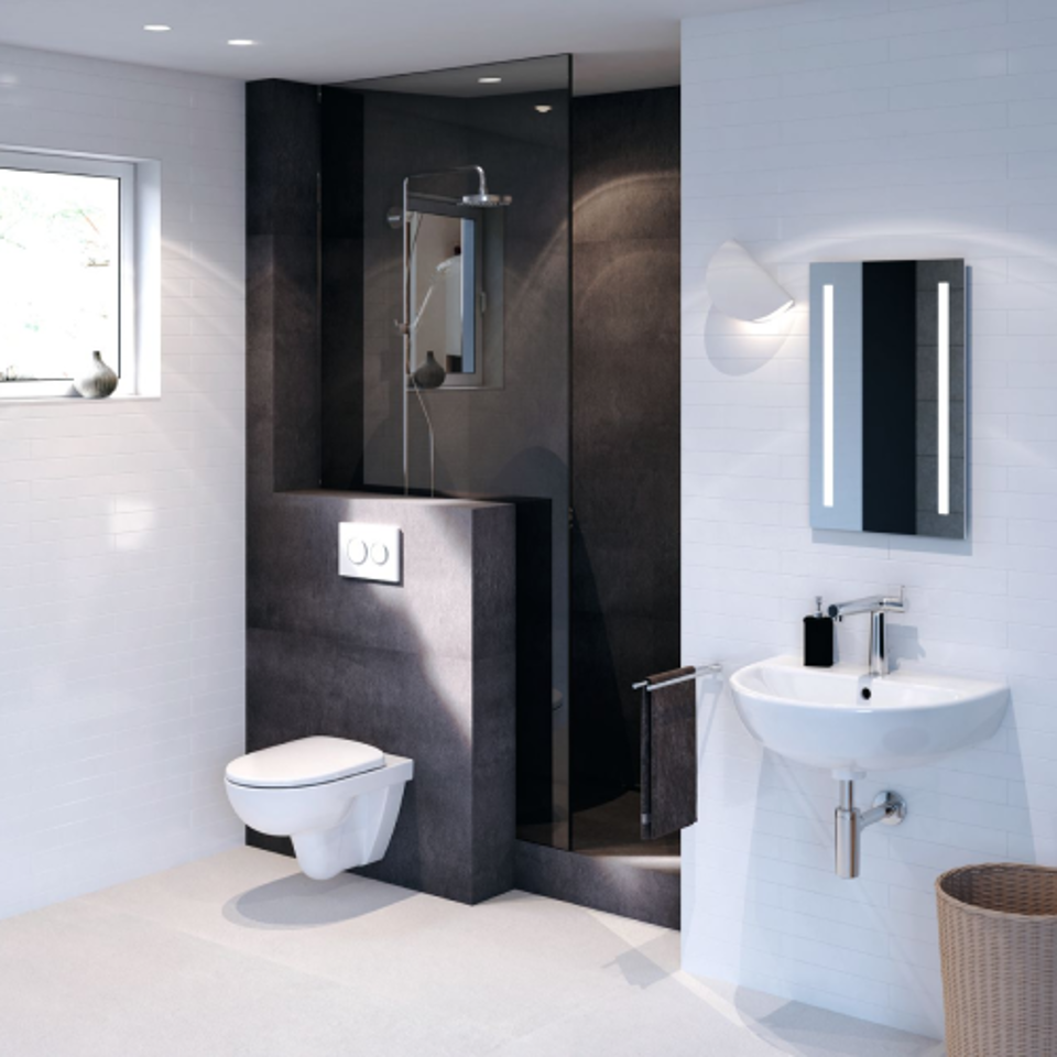 Łazienka z toaletą i umywalką Geberit Selnova oraz przyciskiem spłukującym Geberit Sigma21