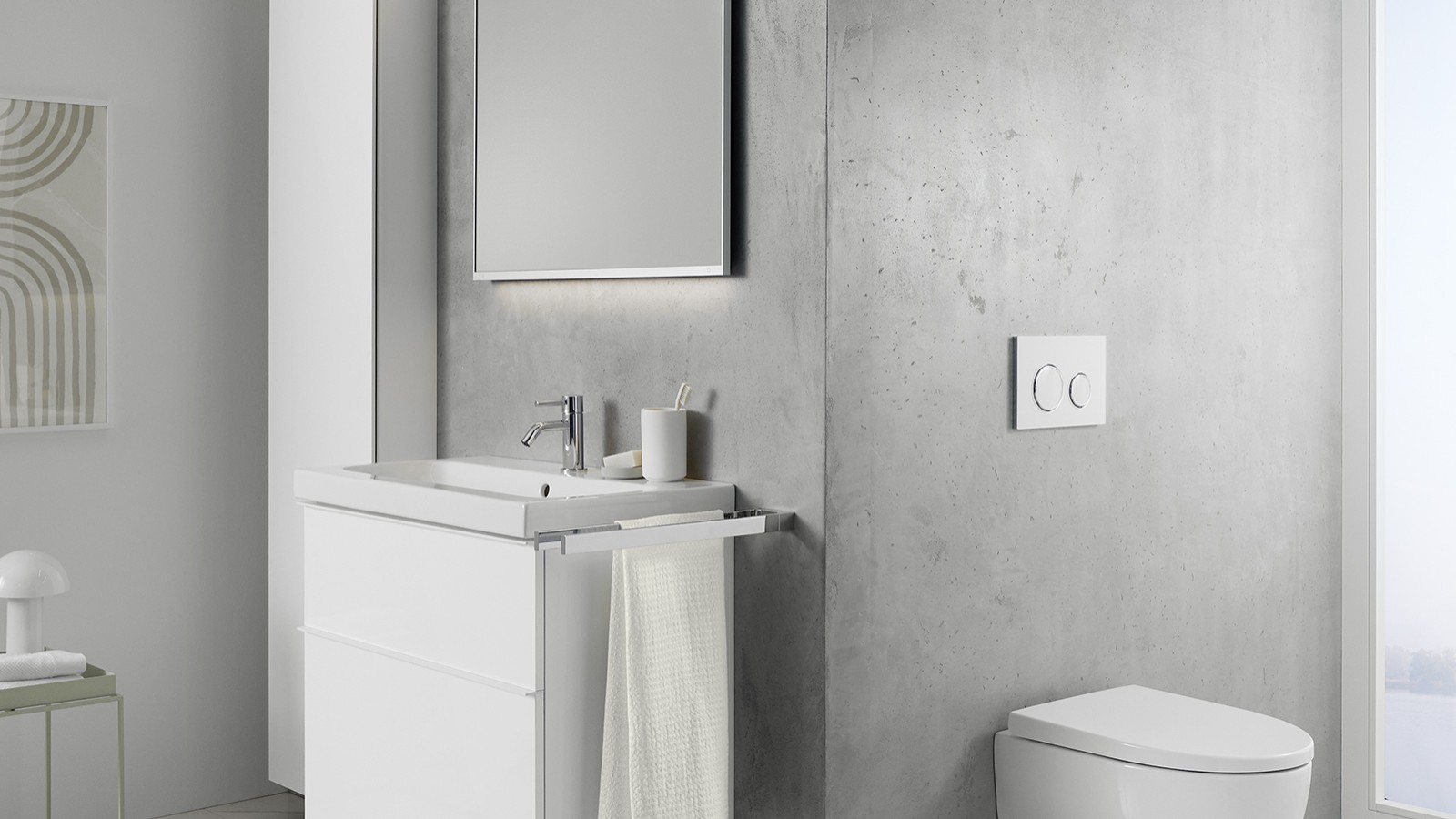 Zajrzyj do wnętrza łazienki z umywalką i WC Geberit iCon Zajrzyj do wnętrza łazienki z umywalką i WC Geberit iCon