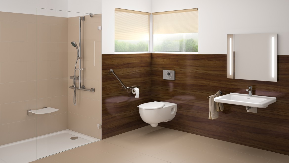 Łazienka bez barier z przestrzenią umywalkową, toaletą i natryskiem zrównanym z podłogą