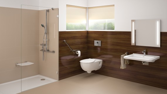 Łazienka bez barier z umywalką, WC i prysznicem zlicowanym z podłogą
