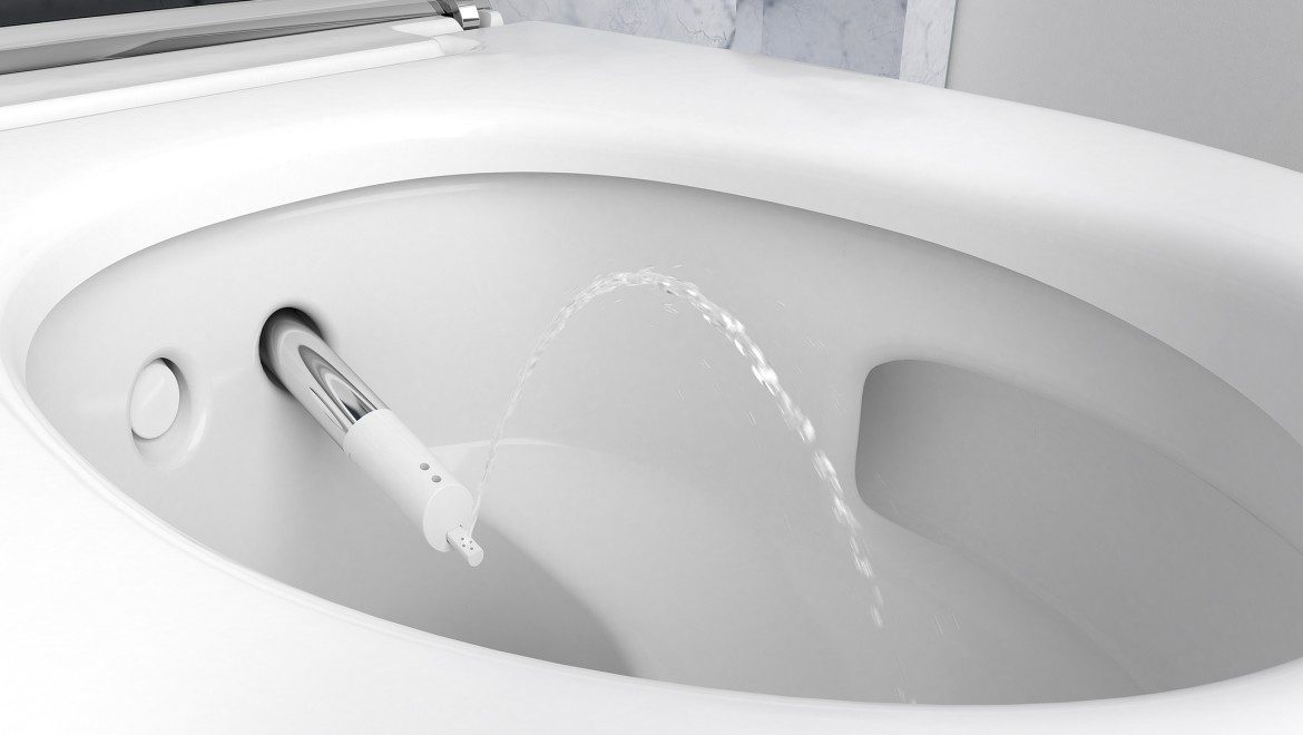 Zbliżenie na ramię prysznicowe toalety myjącej Geberit AquaClean Mera Zbliżenie na ramię prysznicowe toalety myjącej Geberit AquaClean Mera