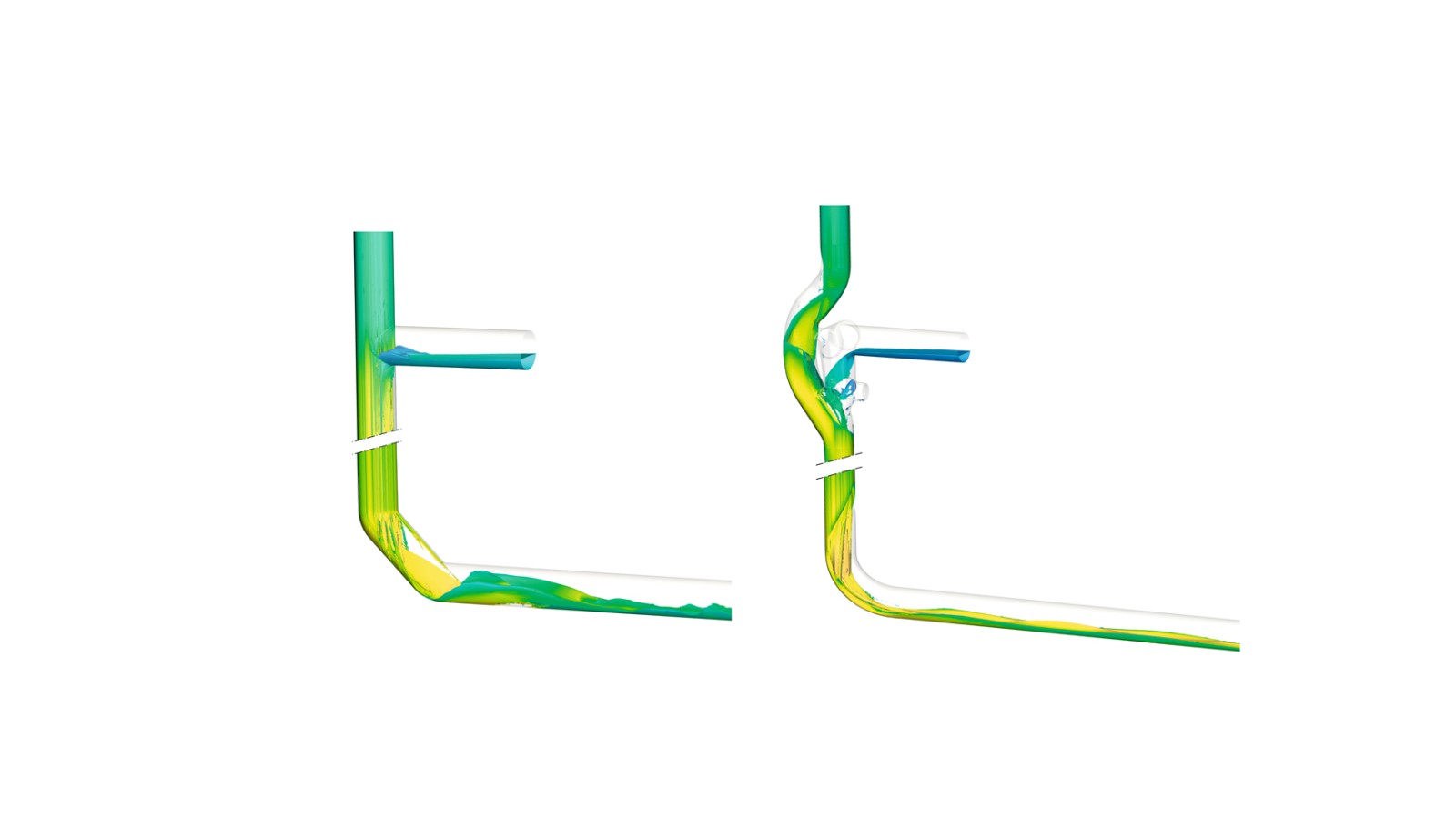 Zmiana kierunku za pomocą dwóch kolan Geberit Silent-db20 160 mm 45°, jak pokazano po lewej stronie, powoduje wirowanie wody w rurze, co pomaga zmniejszyć poziom generowanego hałasu. Natomiast kolano Geberit Silent-db20 BottomTurn, jak pokazano po prawej stronie, spokojnie i płynnie przekształca przepływ spiralny z pionu w przepływ liniowy poziomy. Zmiana kierunku za pomocą dwóch kolan Geberit Silent-db20 160 mm 45°, jak pokazano po lewej stronie, powoduje wirowanie wody w rurze, co pomaga zmniejszyć poziom generowanego hałasu. Natomiast kolano Geberit Silent-db20 BottomTurn, jak pokazano po prawej stronie, spokojnie i płynnie przekształca przepływ spiralny z pionu w przepływ liniowy poziomy.