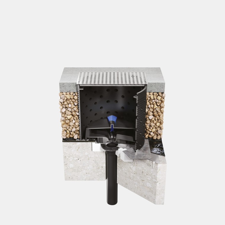 Instalacja Geberit Pluvia na dachu odwróconym z możliwością chodzenia i bitumicznym pokryciem dachowym lub membraną