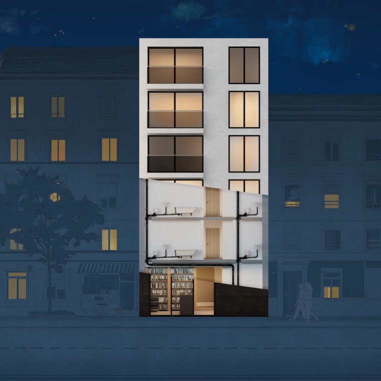 Przekrój bloku mieszkalnego z rurą Geberit PE SuperTube