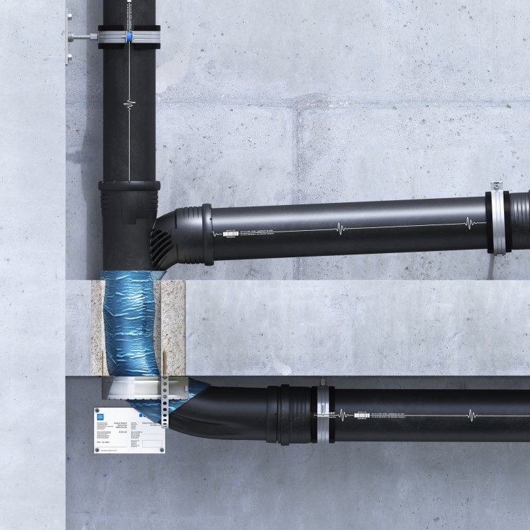 Geberit Silent-Pro SuperTube: Montaż tulei ogniochronnej w kształcie litery U Geberit Silent-Pro SuperTube: Montaż tulei ogniochronnej w kształcie litery U