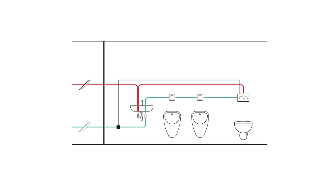 Przykład orurowania spłuczki podtynkowej z regulacją temperatury z higienicznym urządzeniem spłukującym i z zastosowaniem czujnika temperatury (© Geberit)