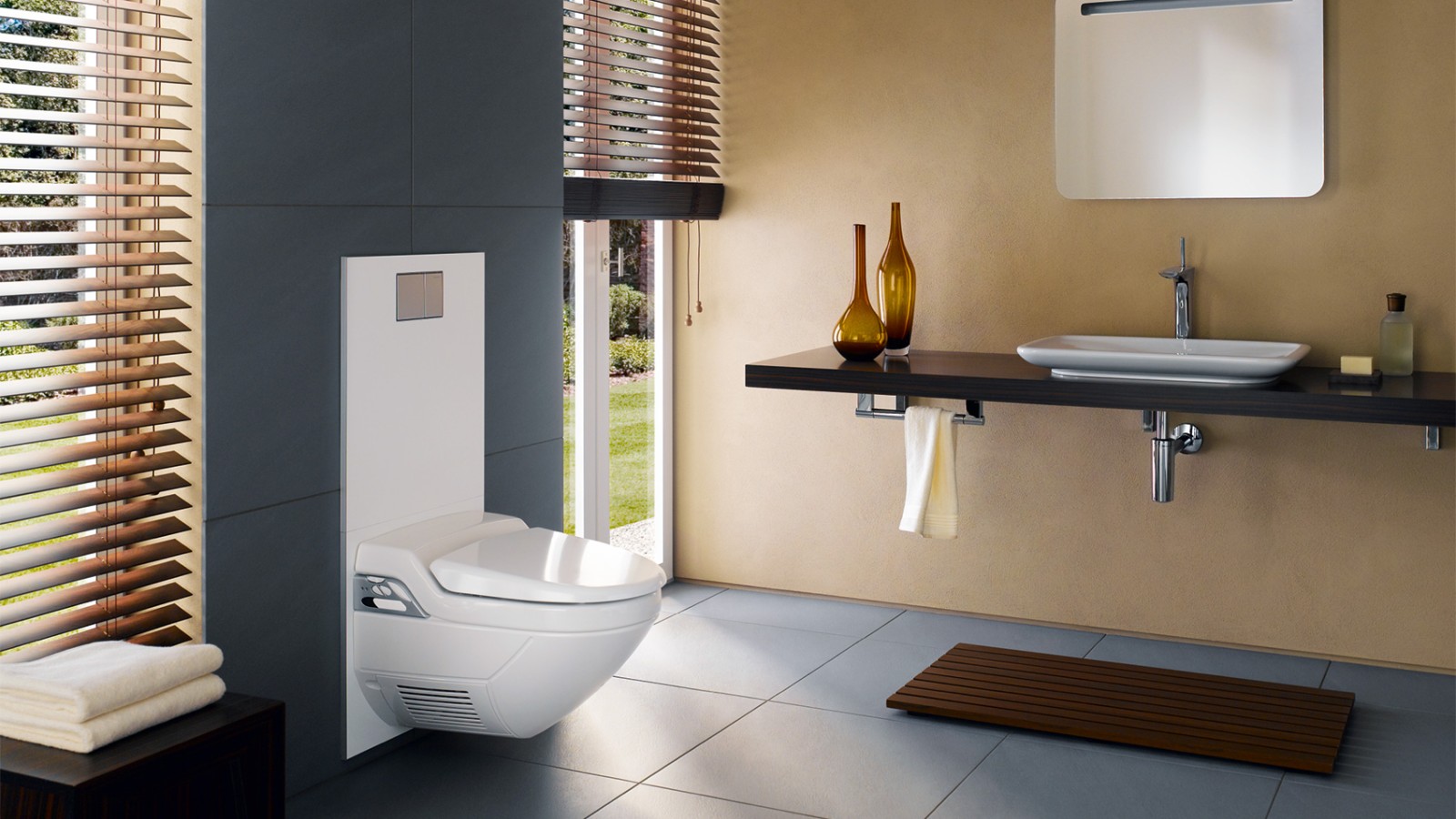 W latach 90. powróciło stonowane wzornictwo - dlatego łazienki stały się nieco większe