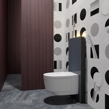WC dla gości z toaletą myjącą Geberit AquaClean Mera i modułem sanitarnym Monolith (©Bloomrealities/HTA für H.O.M.E. Haus 2022)