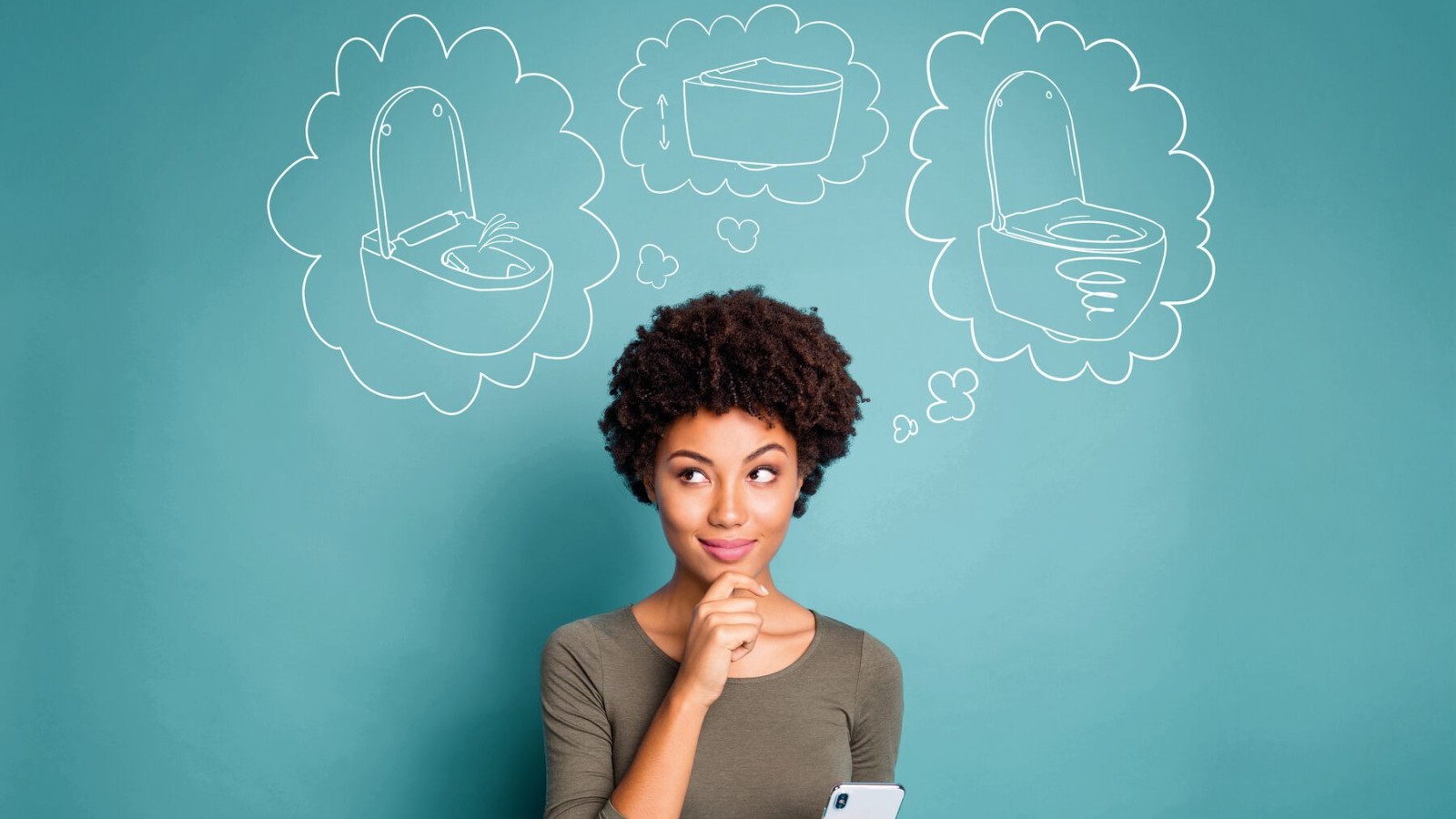 Kobieta myśli o swojej wymarzonej toalecie Kobieta myśli o swojej wymarzonej toalecie