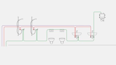 Przykład orurowania wody pitnej dla trybu spłukiwania okresowego spłukiwania sanitarnego