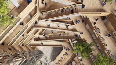 Sercem nowej siedziby jest atrium, wewnętrzny dziedziniec, wokół którego schody i windy prowadzą na wyższe piętra (©Foster&Partners)