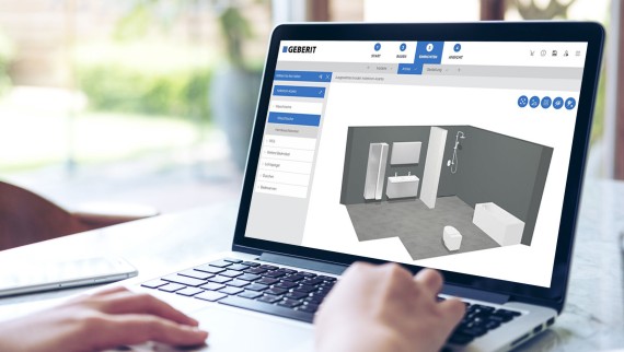 Kobieta projektuje swoją łazienkę za pomocą konfiguratora łazienki 3D firmy Geberit Kobieta projektuje swoją łazienkę za pomocą konfiguratora łazienki 3D firmy Geberit