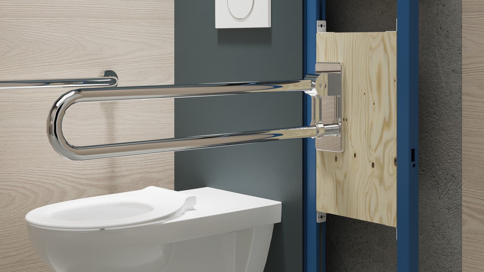 Przekrój stelaża dla wspornika poręczy w łazience dla osób z niepełnosprawnościami Przekrój stelaża dla wspornika poręczy w łazience dla osób z niepełnosprawnościami