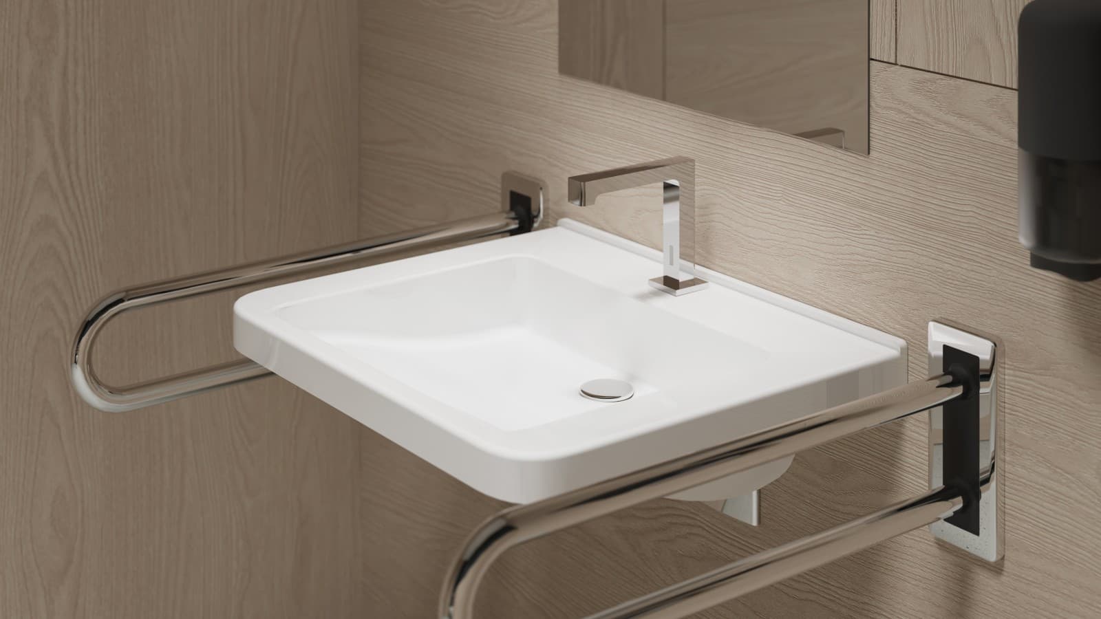 Strefa umywalki w łazience bez barier z umywalką Selnova Comfort i baterią bezdotykową Geberit Brenta Strefa umywalki w łazience bez barier z umywalką Selnova Comfort i baterią bezdotykową Geberit Brenta