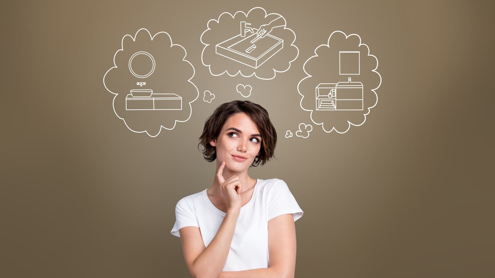 Kobieta myśląca o swojej wymarzonej strefie umywalki Kobieta myśląca o swojej wymarzonej strefie umywalki