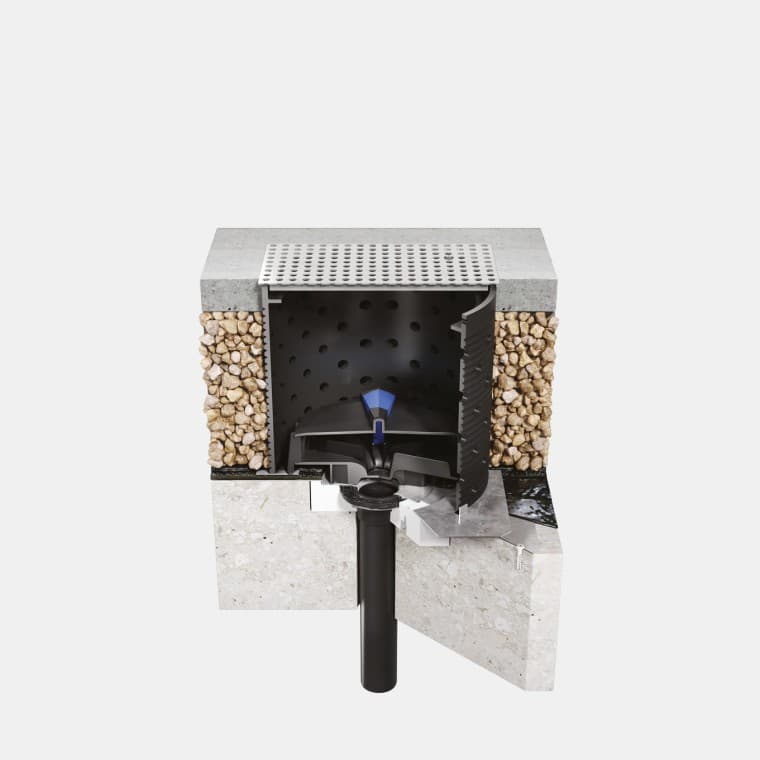 Instalacja Geberit Pluvia na dachu odwróconym z możliwością chodzenia i bitumicznym pokryciem dachowym lub membraną Instalacja Geberit Pluvia na dachu odwróconym z możliwością chodzenia i bitumicznym pokryciem dachowym lub membraną