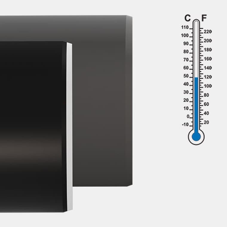 Geberit Silent-PP dobrze reaguje na temperaturę dzięki niskiej rozszerzalności liniowej materiału PP-MD Geberit Silent-PP dobrze reaguje na temperaturę dzięki niskiej rozszerzalności liniowej materiału PP-MD